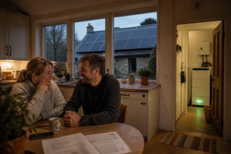 Aberdeenshire cottage with rooftop solar at dusk, seen from a kitchen