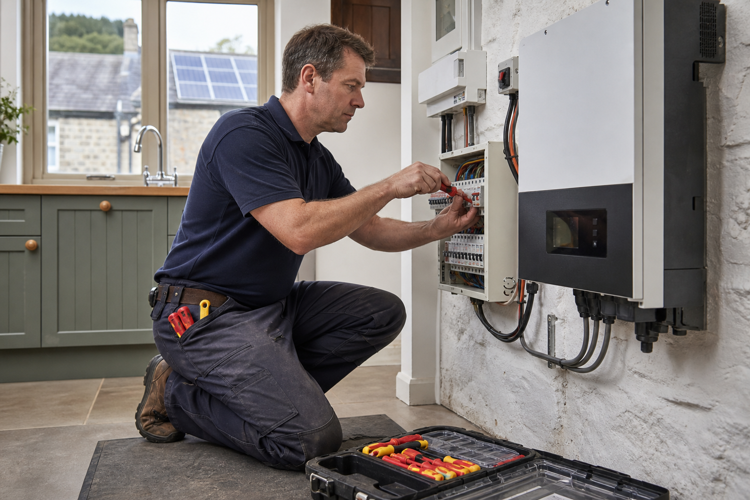 Electrician working on a consumer unit beside a hybrid solar inverter
