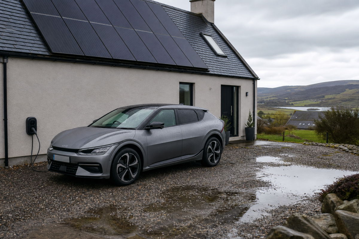 Electric car charging on an Aberdeenshire driveway under a solar roof