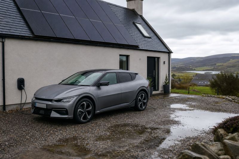 Electric car charging on an Aberdeenshire driveway under a solar roof