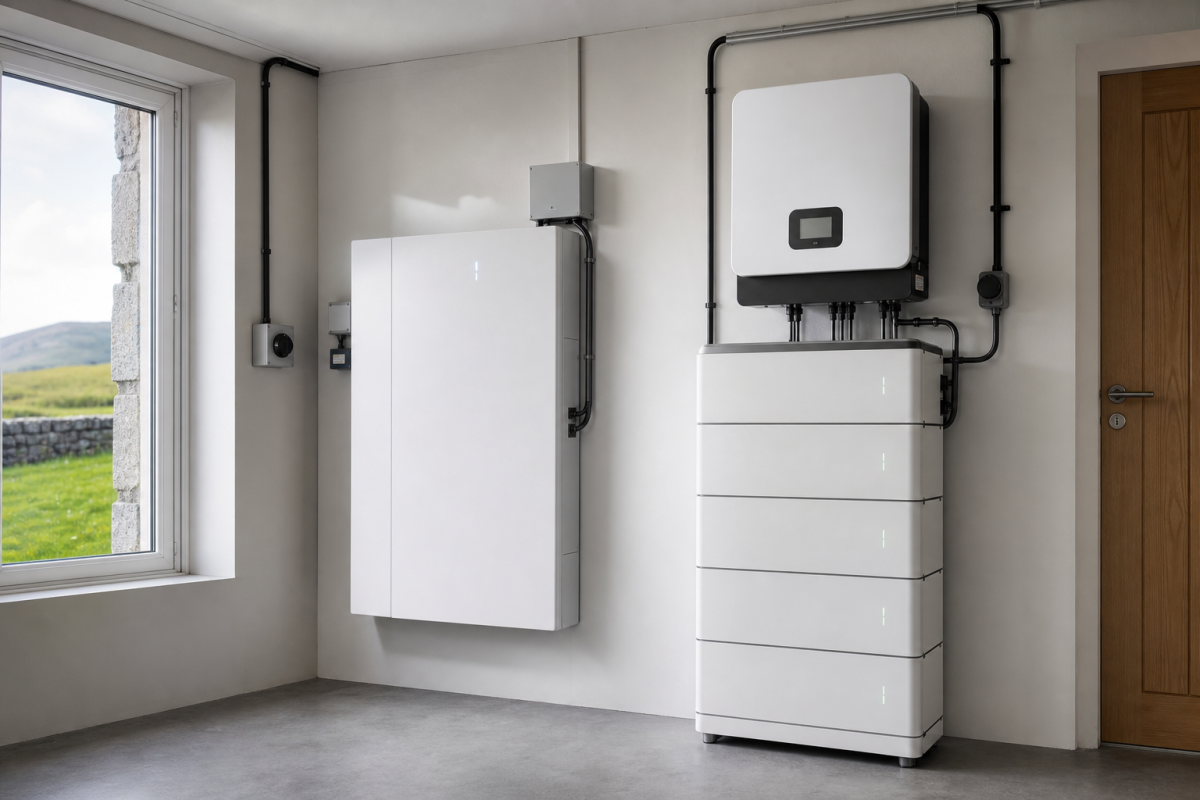 Two modern wall-mounted home battery systems in a bright utility room