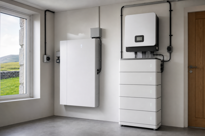 Two modern wall-mounted home battery systems in a bright utility room