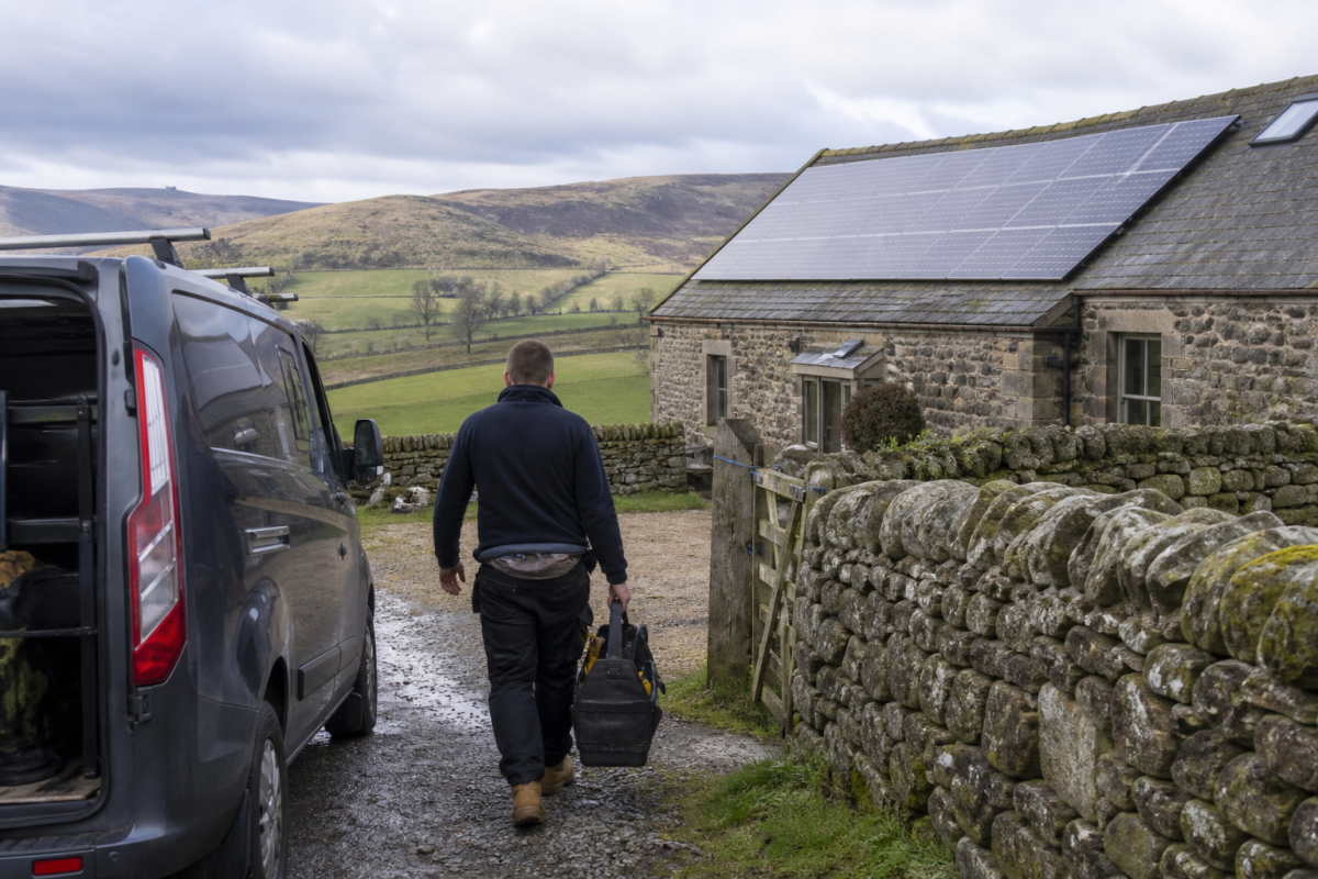 Installer arriving at a stone farmhouse with solar on a barn in rolling northern countryside