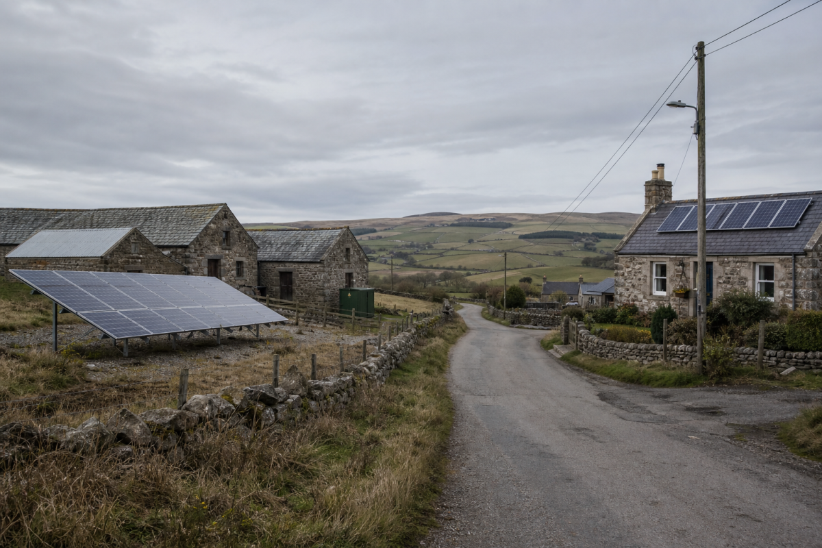 Rural Scottish farm with solar arrays in Aberdeenshire countryside