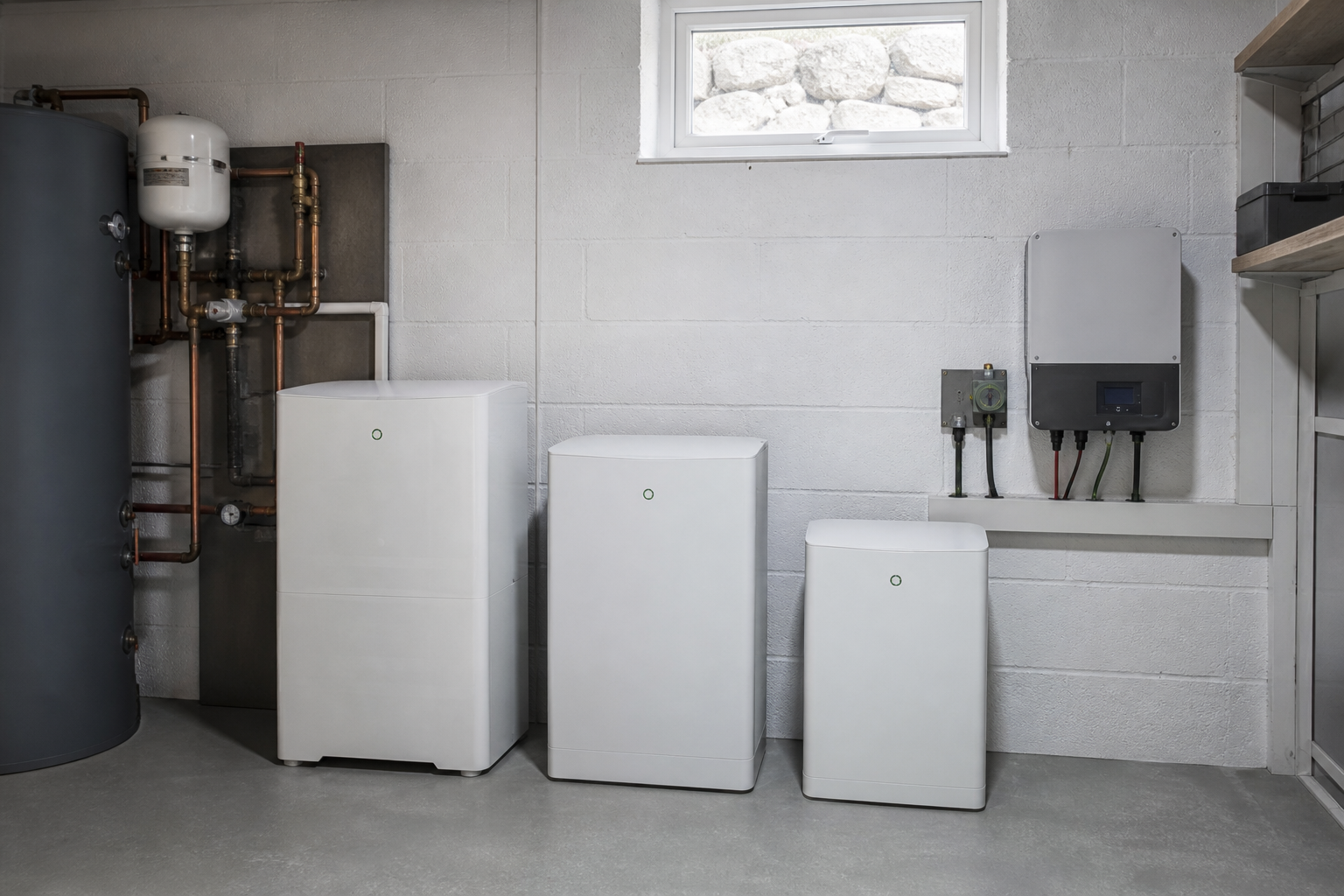 Row of compact white home battery cabinets in a Scottish plant room